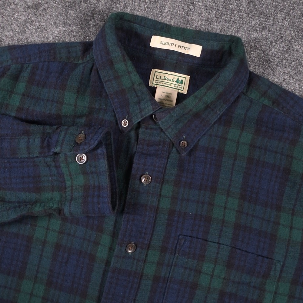 LL Bean Scotch Plaid Flannel Shirt Mens LT Tall Green Plaid Button Down Cozy